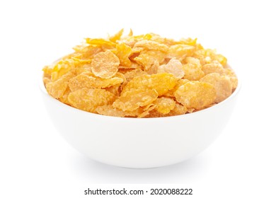 Close-Up Of Organic Cereal Corn Flakes  In White Ceramic Bowl Over White Background