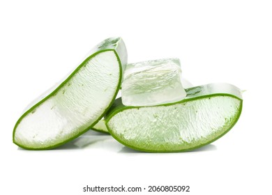 Close-up of organic green fresh aloe vera transparent gel isolated over white, light passes through transparent gel.  - Shutterstock ID 2060805092