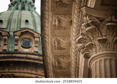 Close-up Ornate Architectural Details of Historic building Kazan Cathedral St. Petersburg, showing floral carvings and Corinthian Columns. Green patina on Dome and Decorative elements cloudy weather - Powered by Shutterstock