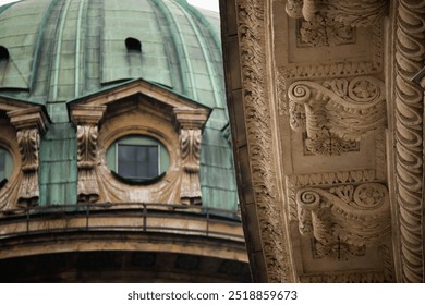 Close-up Ornate Architectural Details of Historic building Kazan Cathedral St. Petersburg, showing floral carvings and Corinthian Columns. Green patina on Dome and Decorative elements cloudy weather - Powered by Shutterstock