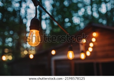 Close-up of outdoor garland with warm lights, with blurred trees on the background. Cozy summer night.