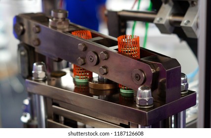 Closeup Of Packaging Equipment In Pharma Or Chemical Manufacturing Plant Or Industry                           