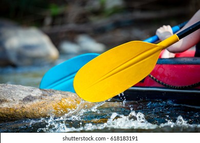 Close-up Of Paddle Rafting On The River, Extreme And Fun Sport At Tourist Attraction