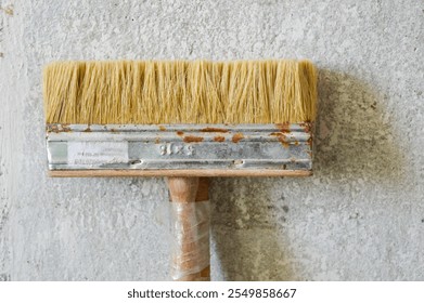 close-up paintbrush with natural bristles metal ferrule shows signs of rust wooden handle DIY home improvement painting or renovation tools manual labor artistry restoration hard work transformations - Powered by Shutterstock