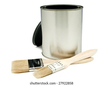 Close-up Of Paintbrush With A Paint Can Isolated Over White