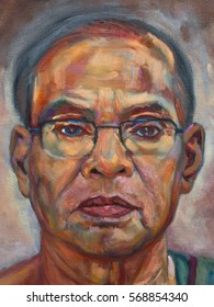 Closeup painting portrait of asian man,oil color on canvas