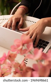 Close-up Of A Pair Of Business Woman Hands Typing In A Brand New Laptop