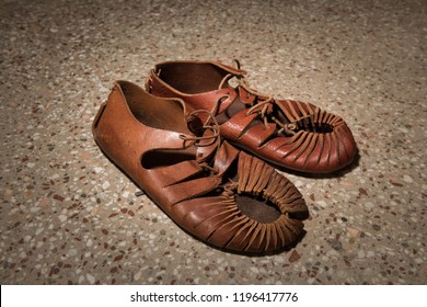 Closeup Of A Pair Of Roman Sandals Made Of Leather