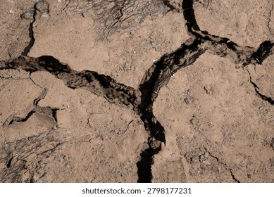 Close-up of parched ground with deep irregular cracks, rough tan soil, and a weathered arid surface forming a natural background texture
