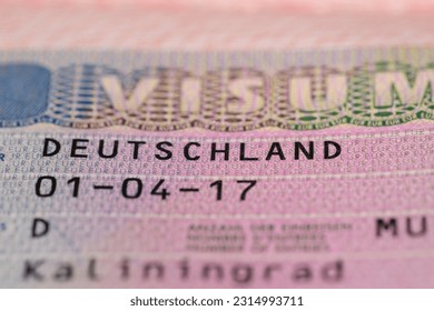 close-up part of page of document, foreign passport for travel with German visa, tourist schengen visa stamp with hologram with shallow depth of field, passport control at border, travel in Europe - Shutterstock ID 2314993711
