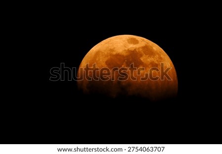 

Close-up of a partial lunar eclipse with warm orange hues and visible craters


A high-detail shot of a lunar eclipse showing the moon's surface in a deep orange and reddish glow. The craters and lunar geography are highlighted by the Earth's shadow, creating a dramatic and serene astronomical phenomenon against a black night sky.