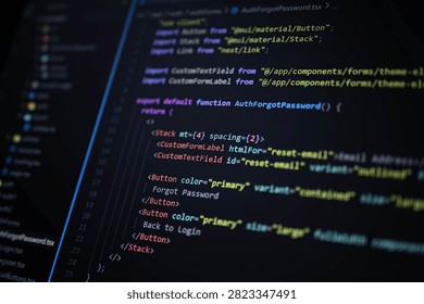 Close-up of password recovery source code on a computer monitor with colorful syntax highlighting, illustrating secure authentication, web application development, cybersecurity, user account protection and digital technology.