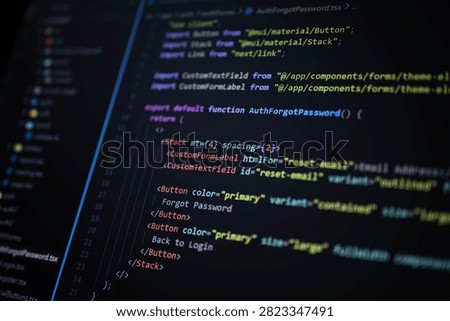 Close-up of password recovery source code on a computer monitor with colorful syntax highlighting, illustrating secure authentication, web application development, cybersecurity, user account protection and digital technology.