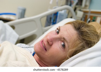 Closeup Of Patient In Hospital Bed After Surgery. Horizontal Landscape Orientation.