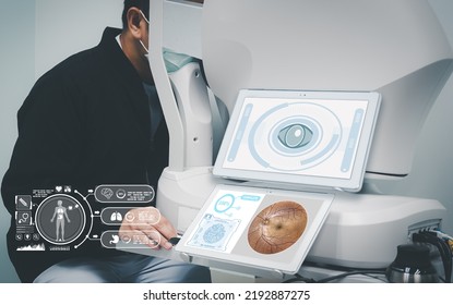 Close-up Of A Patient Measuring The Retina With Fundus Photography And Optical Coherence Tomography, Medical Technology Concept.
