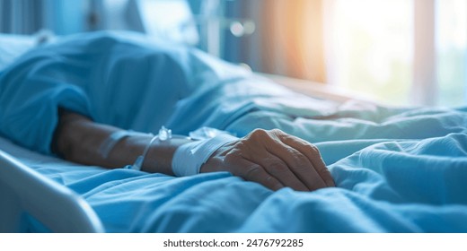 Closeup of patient's arm with IV drip in a hospital bed - Powered by Shutterstock