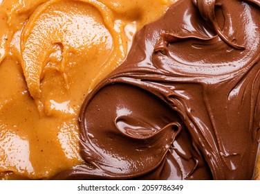 Closeup Of Peanut Butter And Chocolate Paste Texture, From Above Flat Lay