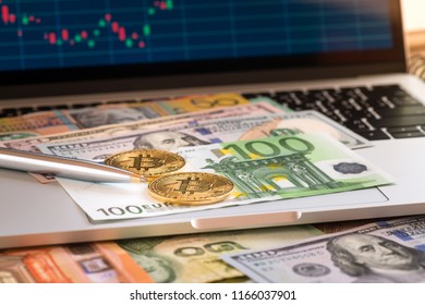 Close-up Pen On EUR Banknote And Coin Vintage Tone, Business Concept A Pen With Coin And Money, Trade Forex Concept On Keyboard And Monitor