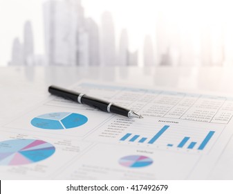 Close-up Pen On Financial Report. Concept Of  Data Analysis, Investment Planning, Business Analytics.