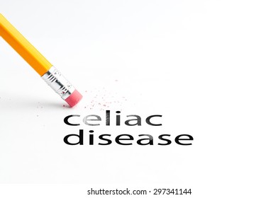 Closeup Of Pencil Eraser And Black Celiac Disease Text. Celiac Disease. Pencil With Eraser.