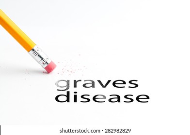 Closeup Of Pencil Eraser And Black Graves Disease Text. Graves Disease. Pencil With Eraser.