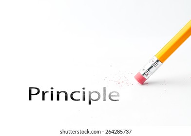 Closeup Of Pencil Eraser And Black Principle Text. Principle. Pencil With Eraser.
