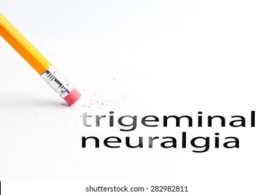 Closeup of pencil eraser and black trigeminal neuralgia text. Trigeminal neuralgia. Pencil with eraser.