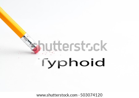 Closeup of pencil eraser and black typhoid text. Typhoid, paratyphoid diseases. Pencil with eraser.