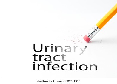 Closeup of pencil eraser and black urinary tract infection text. Urinary tract infection. Pencil with eraser.