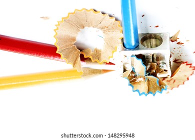 Close-up of pencils and sharpener.