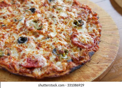 Closeup Of A Pepperoni Flat Bread Thin Crust Pizza 