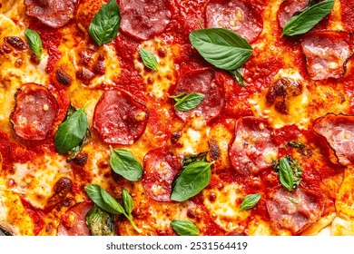 Close-up pepperoni pizza with basil. Pizza textured background. Use for menu and banner. High quality photo - Powered by Shutterstock