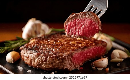 Close-up of a perfectly cooked medium-rare steak with a fork lifting a slice to reveal its juicy interior. The steak is surrounded by garlic cloves and rosemary sprigs.