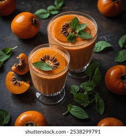 Close-up of a persimmon smoothie in a glass garnished with a slice of persimmon and a sprig of mint, with a few whole persimmons around, creating a vibrant and healthy food concept. - Powered by Shutterstock