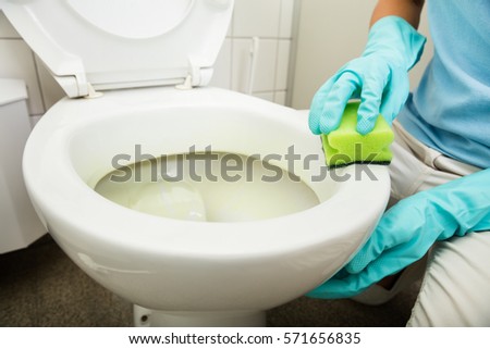 Close-up Of Person Hand Cleaning Toilet At Home Using Sponge