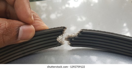 Closeup Of A Person Holding A Broken Car Alternator Belt