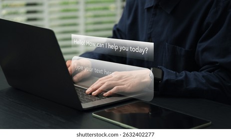 Close-up of a person interacting with an AI chatbot on a laptop, illustrating the integration of artificial intelligence in modern work and everyday digital communication.