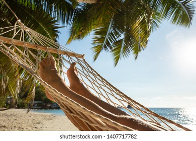 Close-up Of A Person Lying On Hammock Hanging On Palm Tree Against Blue Sky - Shutterstock ID 1407717782