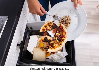 Close-up Of A Person Throwing Pepperoni Pizza On Plate In Dustbin