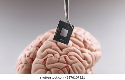 Close-up of person use tweezers to put tiny computer chip in plastic human brain model. Put memory card in brain. Modern technology, digital world concept