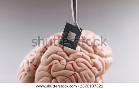 Close-up of person use tweezers to put tiny computer chip in plastic human brain model. Put memory card in brain. Modern technology, digital world concept