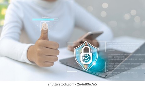 Close-up of a person using fingerprint scanning technology on their thumb for secure login, with a digital padlock and cybersecurity interface overlay, representing digital identity and protection.