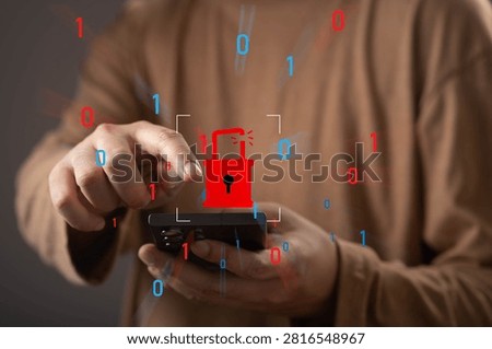 Close-up of a person using a smartphone with a digital security lock and binary code, symbolizing cybersecurity, data protection, mobile security, privacy, encryption, and secure online access.
