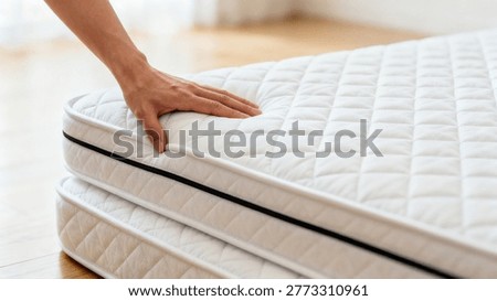 Close-up of a person's hand stacking white quilted mattresses with black stripes on a light-colored wooden floor, with a blurred background