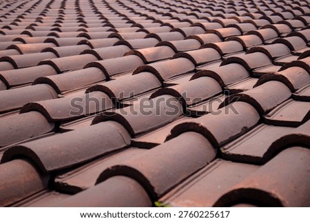 Close-up perspective of interlocking brown clay roof tiles.