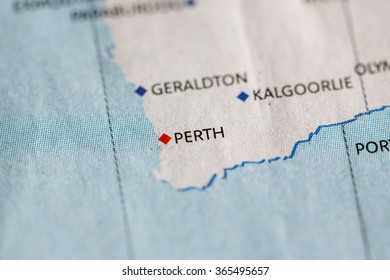 Closeup of Perth on a political map of Australia.
