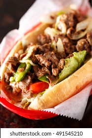 Closeup of Philly Steak and Cheese Sandwich
