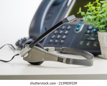 Close-up. Phone, Fax And Headphones. Isolated On White Background. Office, Work, Communications, Social Sphere, Remote Work, Freelance, Business. There Are No People In The Photo. Banner.