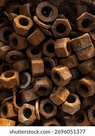 Close-Up phothograph of rusty metal nuts and bolts piled together, showing corroded texture, rough surfaces, and warm brown tone. 