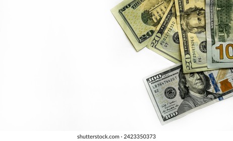 close-up photo from above dollars, American money, $. Frame, banner, poster, copy space, empty, white, free space